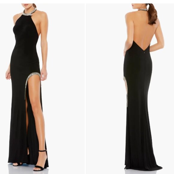 MAC DUGGAL 26533 HIGH SLIT HALTER W/ RHINESTONE ACCENTS BLACK JERSEY GOWN sz 0 - Picture 1 of 4